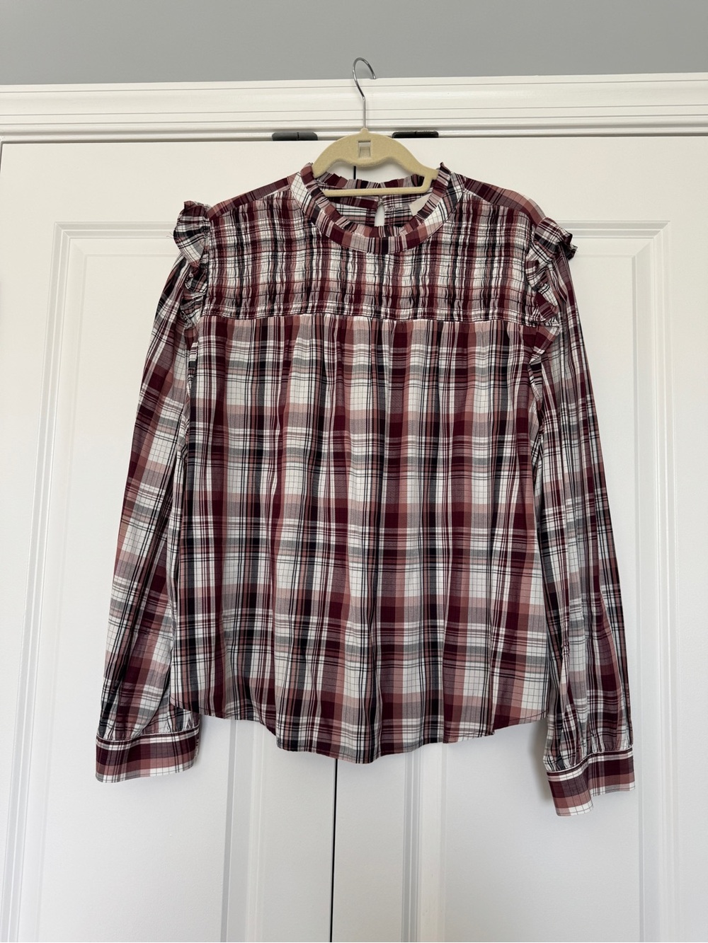 LOFT Plaid Ruffle Sleeve Blouse Top Size XXL